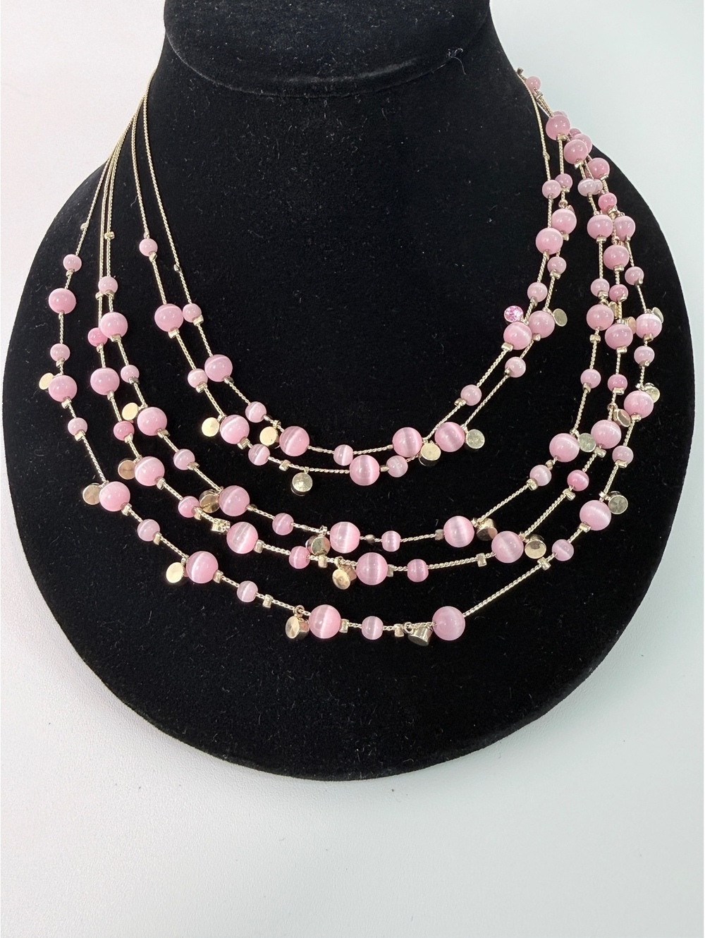 Chico's Pink Cat Eye Bead Multi-Strand Statement Necklace Gold Tone